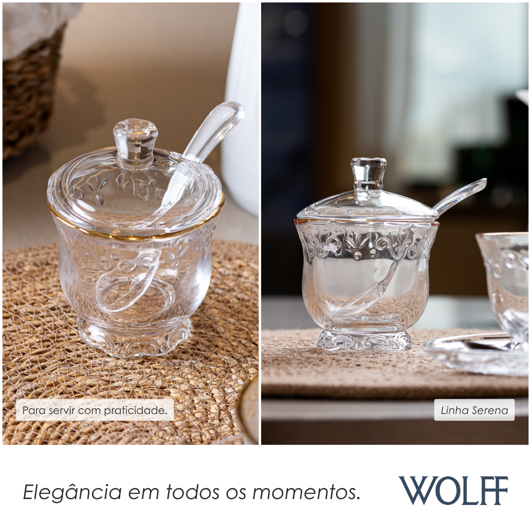 Açucareiro com Tampa e Colher com Fio de Ouro Serena 180ml Cristal - Wolff
