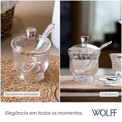 Açucareiro com Tampa e Colher com Fio de Ouro Serena 180ml Cristal - Wolff