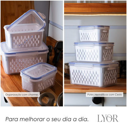 Conjunto 3 Potes Herméticos com Cesto Escorredor Branco Plástico - Lyor