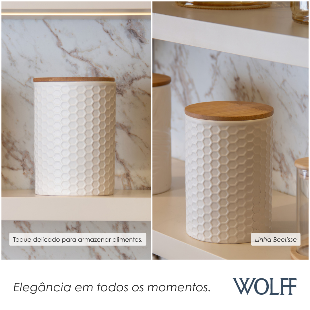Potiche com Tampa de Bambu Beelisse 11cm x 15,8cm Branco Cerâmica - Wolff
