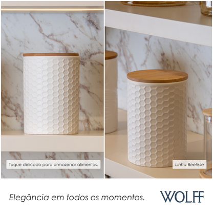 Potiche com Tampa de Bambu Beelisse 11cm x 15,8cm Branco Cerâmica - Wolff