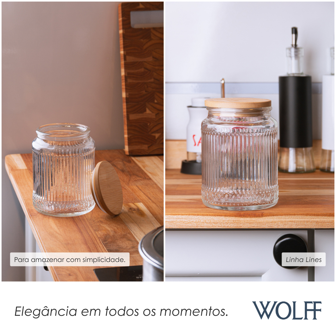 Porta Mantimento de Vidro com Tampa de Bambu Lines 750ml - Wolff