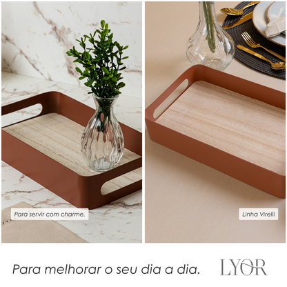 Bandeja com Fundo de Madeira Virelli 25cm x 15cm x 5cm Marrom Metal - Lyor
