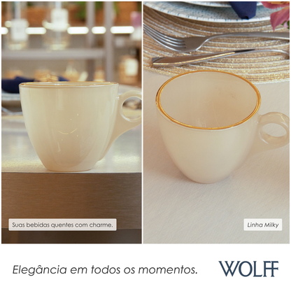 Conjunto 4 Xícaras de Chá com Pires Milky com Fio de Ouro 170ml Areia Vidro - Wolff