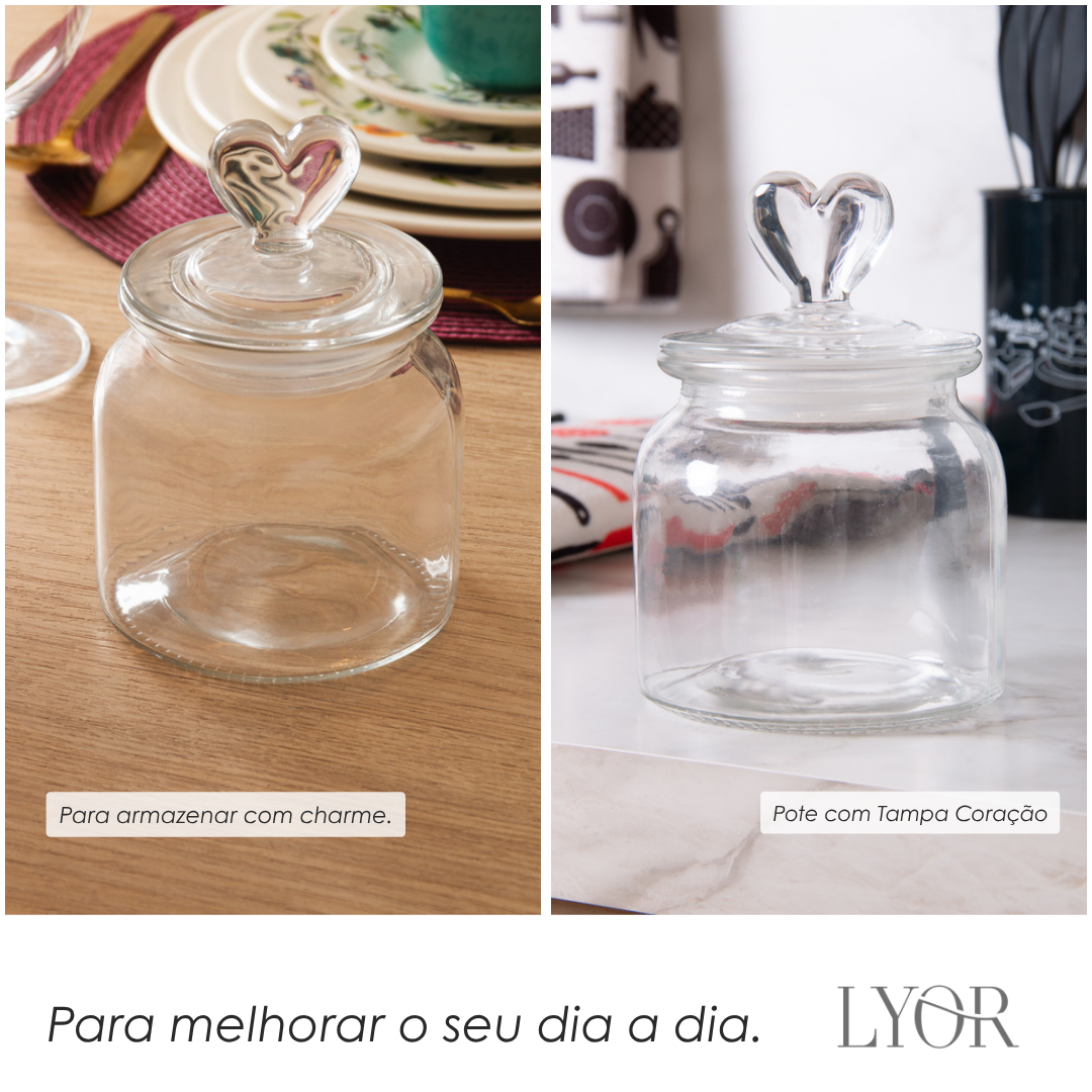 Pote com Tampa Coração 11cm x 11cm x 15,5cm Vidro - Lyor