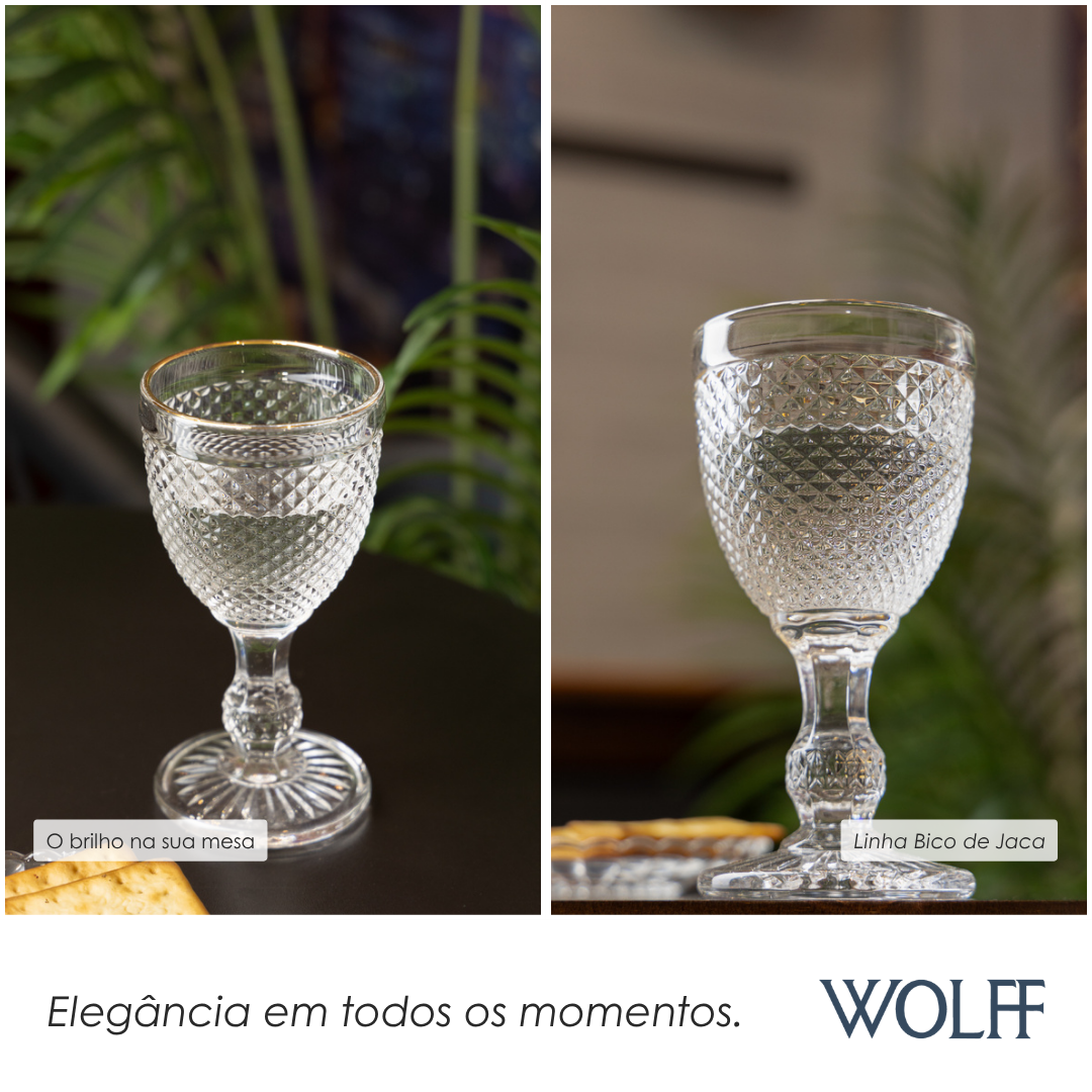 Conjunto 6 Taças de Água De Vidro Com Fio Dourado Bico De Jaca 300Ml - Wolff
