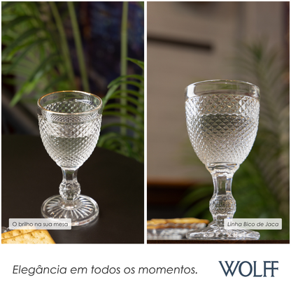 Conjunto 6 Taças de Água De Vidro Com Fio Dourado Bico De Jaca 300Ml - Wolff