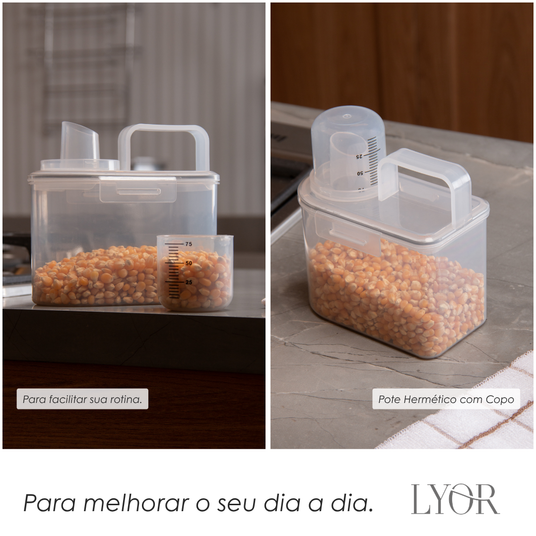 Pote Hermético Multiuso com Copo Medidor 14cm x 8,5cm x 15cm Plástico - Lyor