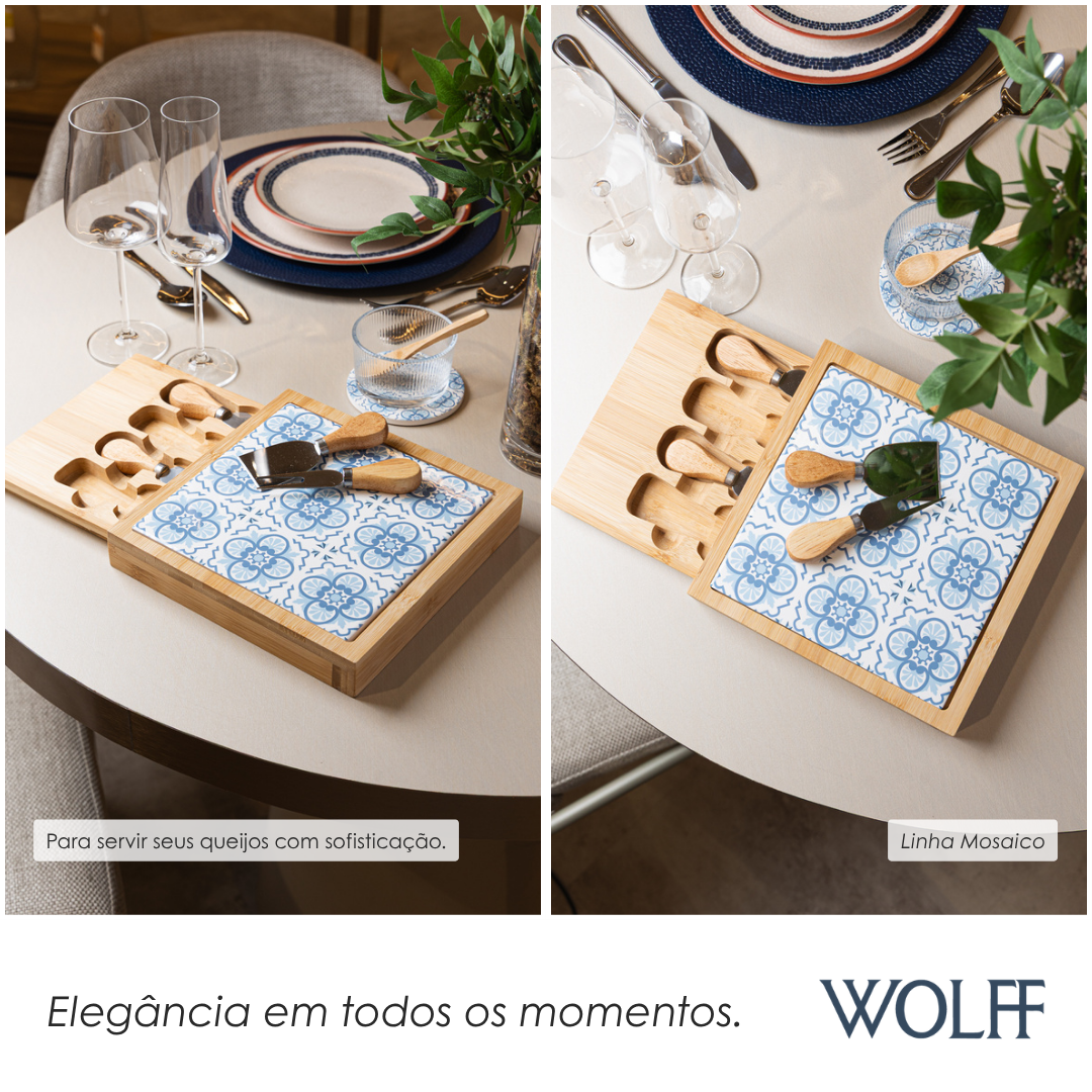 Conjunto 6 Peças para Queijo Tábua com Gaveta Mosaico 23cm x 23cm x 4cm Bambu - Wolff