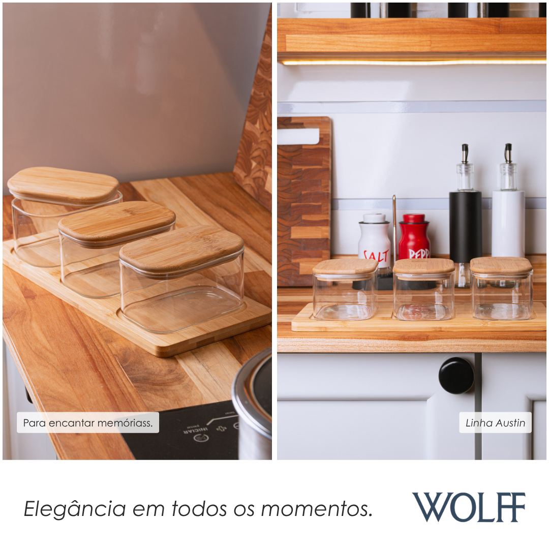 Conjunto 3 Potes com Tampa e Bandeja de Bambu Vidro Borossilicato - Wolff