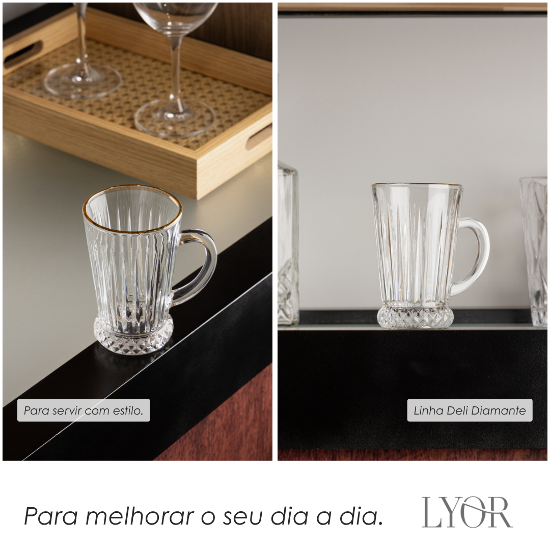 Taça de Cappuccino Deli Diamante com Fio de Ouro 210ml Cristal Ecológico - Lyor