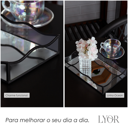 Bandeja com Espelho Ocean 15cm x 25cm x 4cm Preta Metal - Lyor