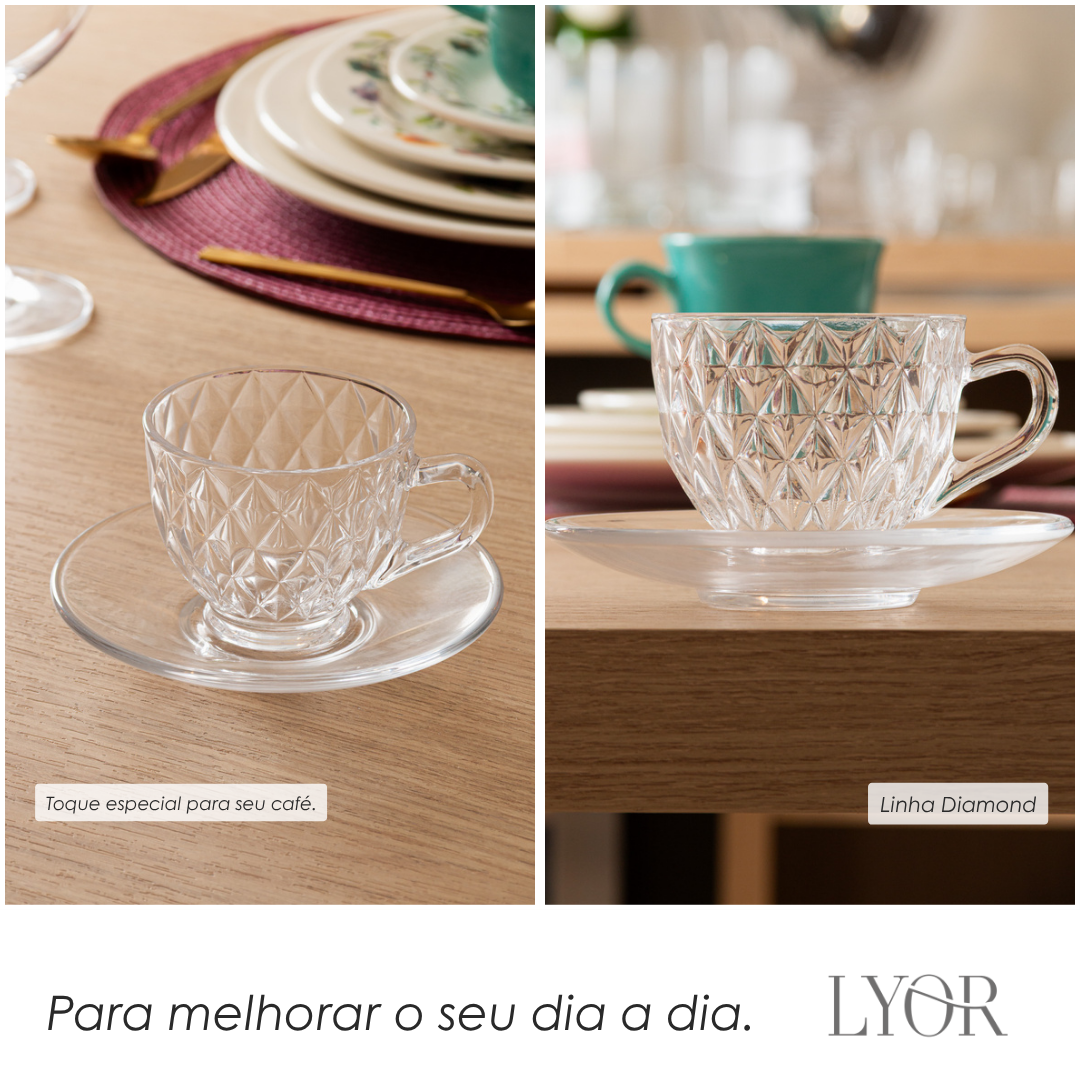 Xícara de Chá com Pires Diamond 220ml Cristal Ecológico - Lyor