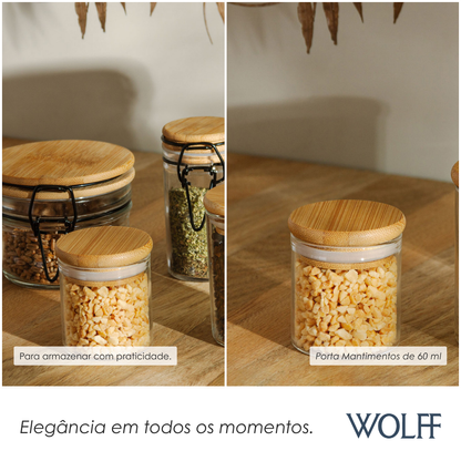 Porta Mantimento de Vidro Borossilicato com Tampa de Bambu 60ml - Wolff