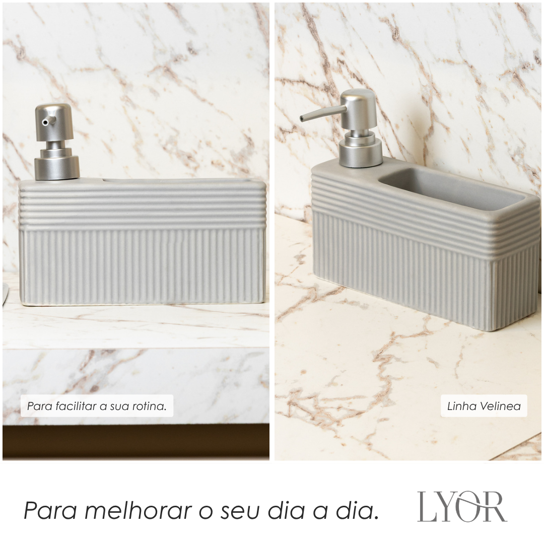 Porta Detergente Líquido com Suporte para Esponja Velinea 490ml Cinza Cerâmica - Lyor