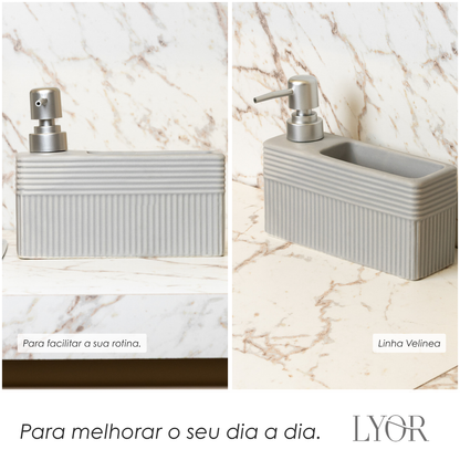 Porta Detergente Líquido com Suporte para Esponja Velinea 490ml Cinza Cerâmica - Lyor