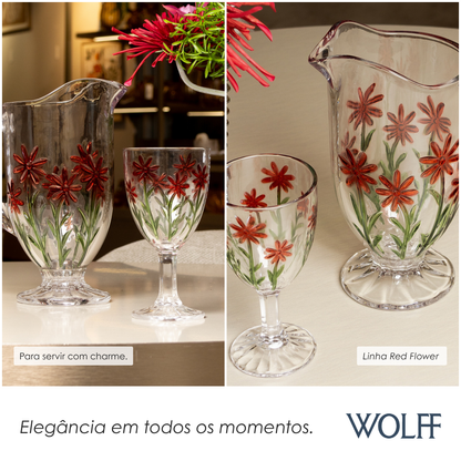 Conjunto Jarra com 6 Taças de Água Red Flower 1,3L/320ml Cristal Ecológico - Wolff