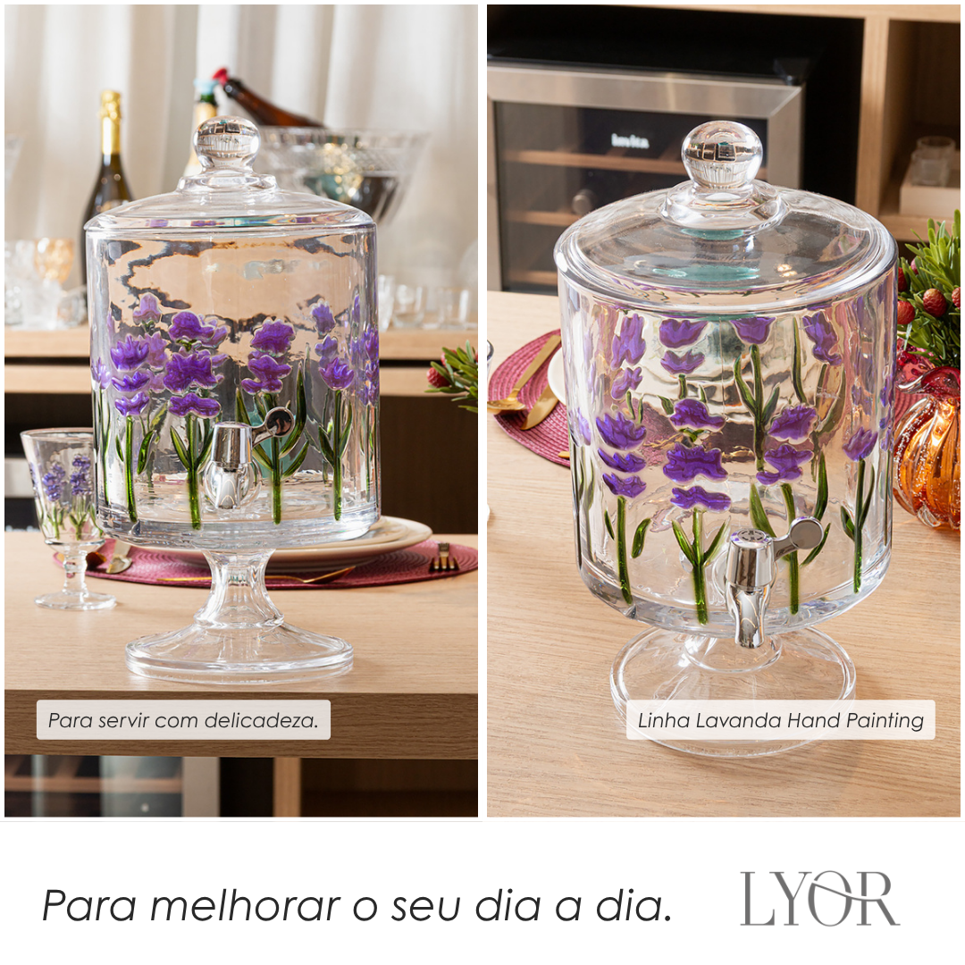 Suqueira Bold com Pé e Tampa Lavanda Hand Painting 2L Cristal Lyor