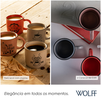 Conjunto 4 Canecas de Café de Cerâmica Coffee Lovers 60ml - Wolff