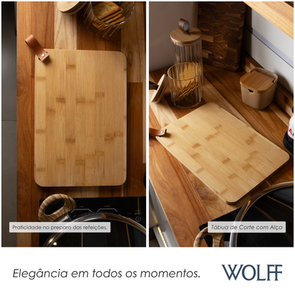 Tábua de Corte Retangular com Alça em Couro Ecológico 31cm x 21cm x 1cm Bambu - Wolff