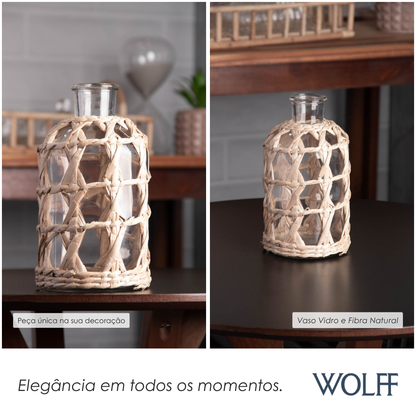Vaso de Vidro e Fibra Natural 11cm x 20cm - Wolff