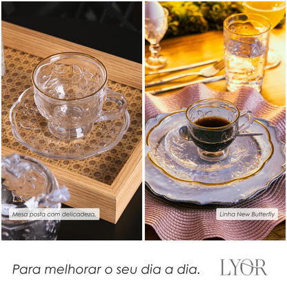 Xícara de Chá com Pires New Butterfly com Fio de Ouro 180ml Cristal Ecológico - Lyor