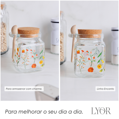 Pote Quadrado com Tampa e Colher Encanto 290ml Vidro - Lyor