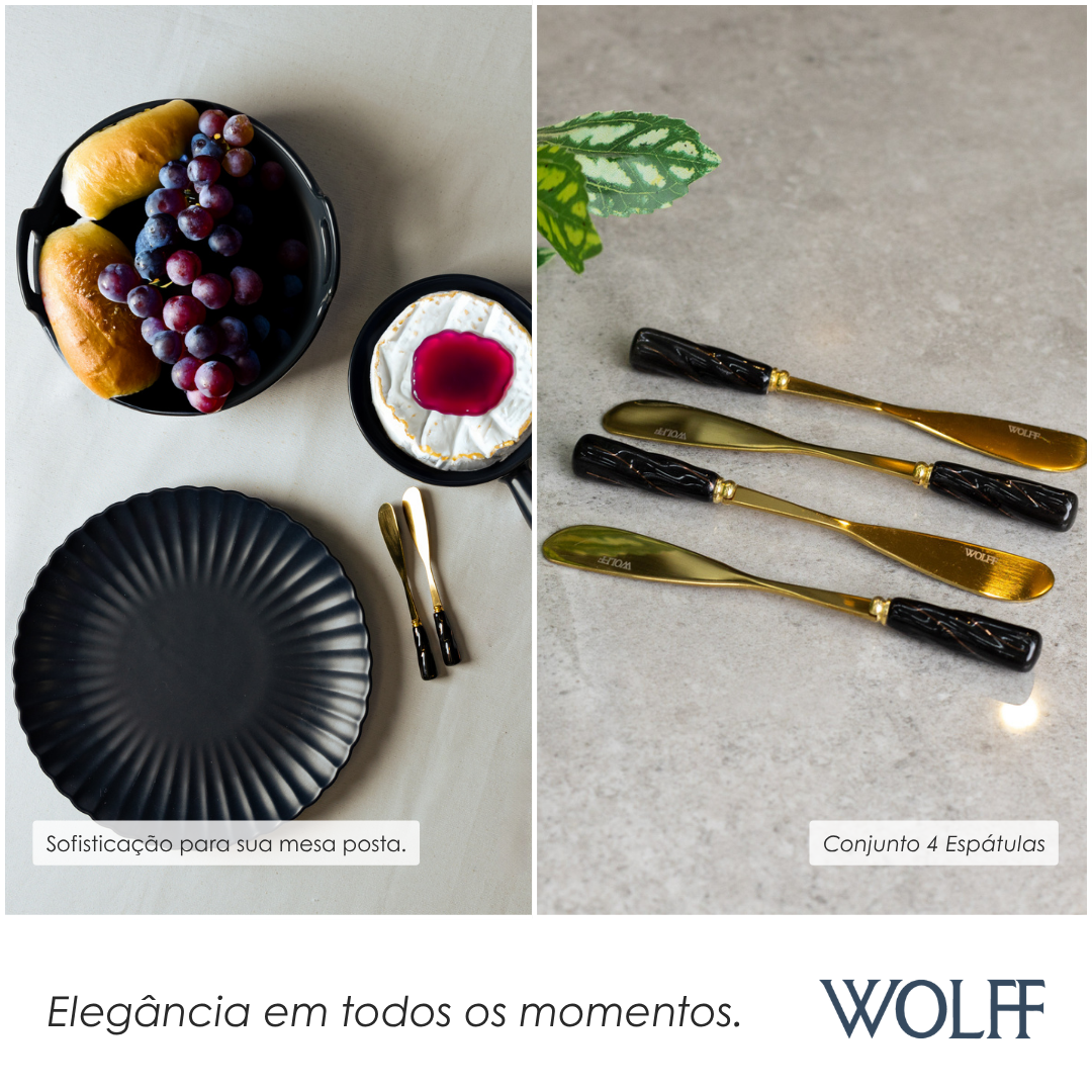 Conjunto 4 Espátulas de Aço Inox Dourado com Cabo de Cerâmica Preto - Wolff