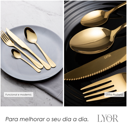 Faqueiro 24 Peças de Aço Inox Positano Dourado - Lyor