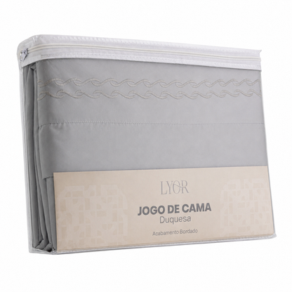 Jogo de Cama Bordado King Duquesa Cinza Microfibra - Lyor