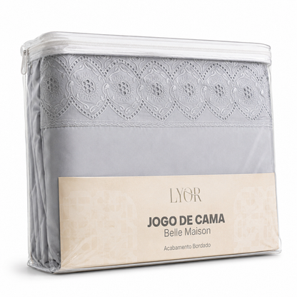 Jogo de Cama Bordado Queen Belle Maison Cinza Microfibra - Lyor