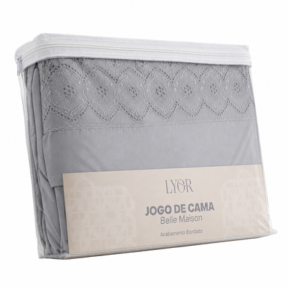 Jogo de Cama Bordado Solteiro Belle Maison Cinza Microfibra - Lyor