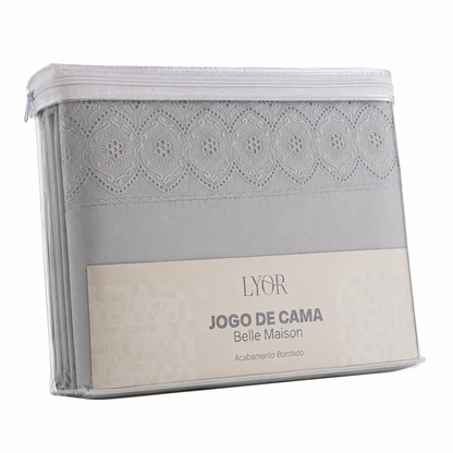 Jogo de Cama Bordado Casal Belle Maison Cinza Microfibra - Lyor
