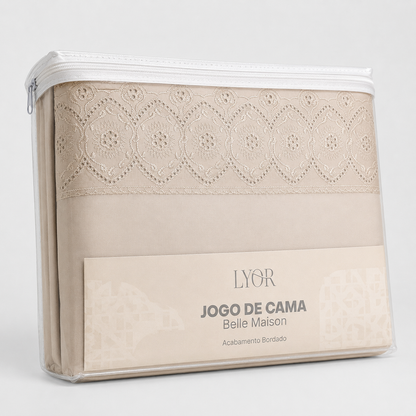 Jogo de Cama Bordado Solteiro Belle Maison Bege Microfibra - Lyor