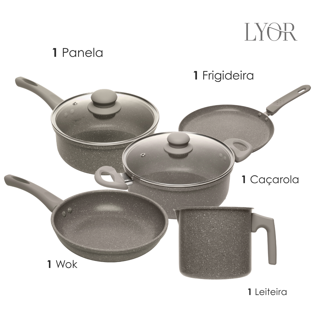 Conjunto 6 Panelas de Indução Granito Chef Taupe Alumínio com Revestimento Cerâmico - Lyor