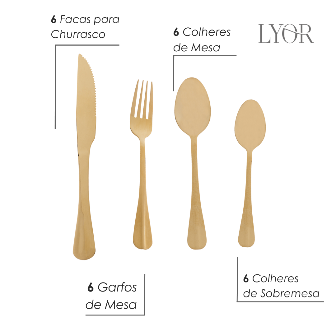 Faqueiro 24 Peças de Aço Inox Positano Dourado - Lyor