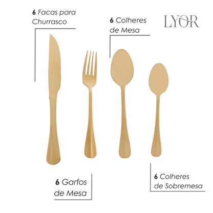 Faqueiro 24 Peças de Aço Inox Positano Dourado - Lyor