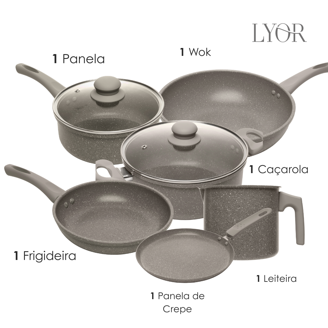 Conjunto 6 Panelas de Indução Granito Chef Taupe Alumínio com Revestimento Cerâmico - Lyor