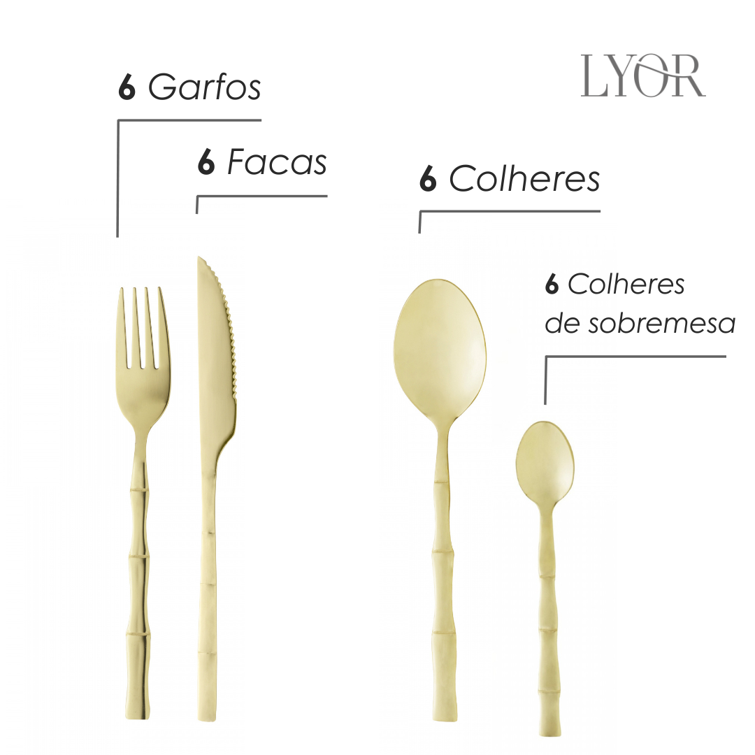 Faqueiro 16 Peças de Aço Inox Bambu Elegant Champanhe - Lyor