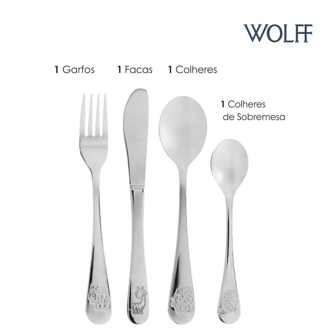 Conjunto 4 Talheres Zoo Kids Aço Inox - Wolff
