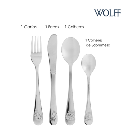 Conjunto 4 Talheres Zoo Kids Aço Inox - Wolff