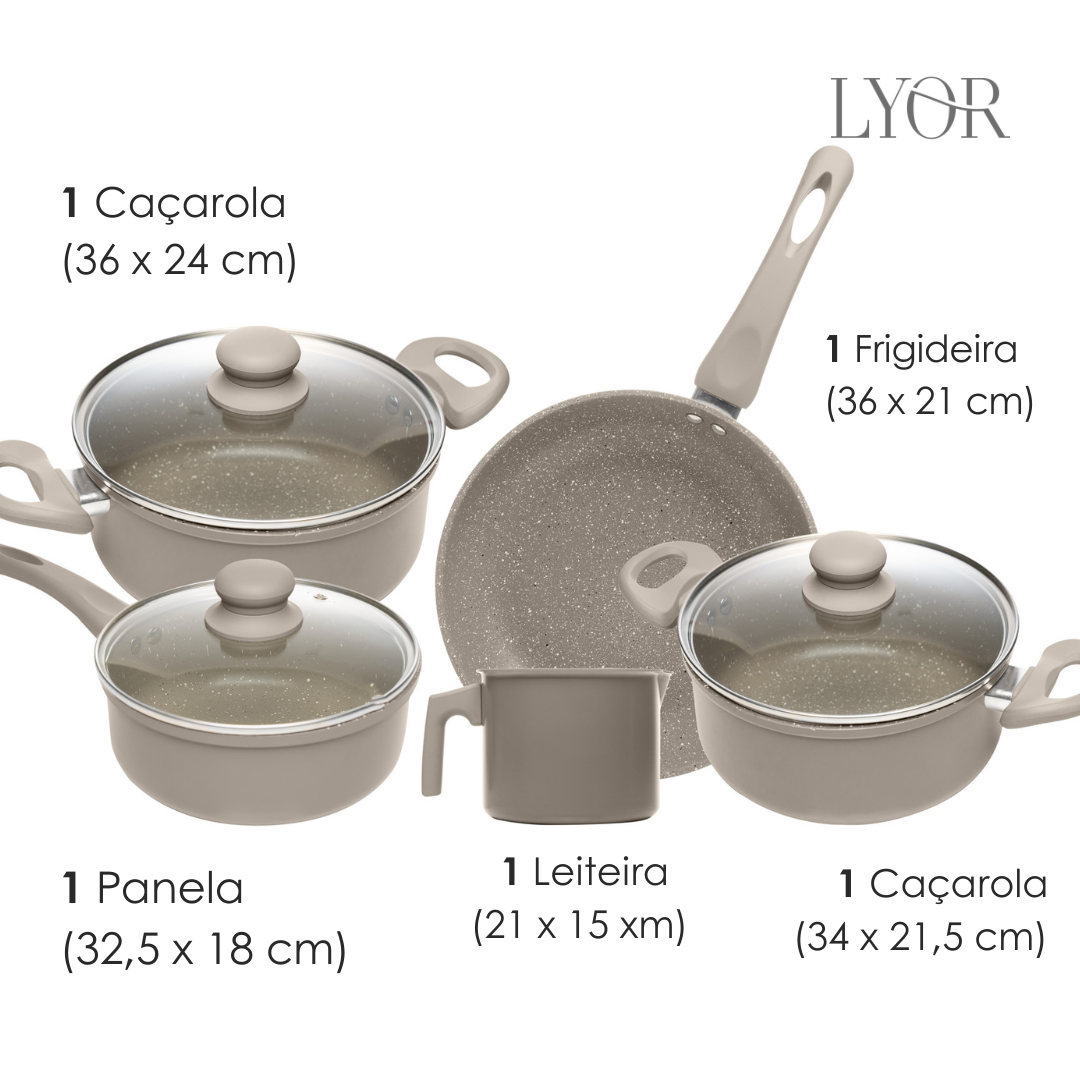 Conjunto 5 Panelas de Indução Chef Taupe Alumínio com Revestimento Cerâmico - Lyor