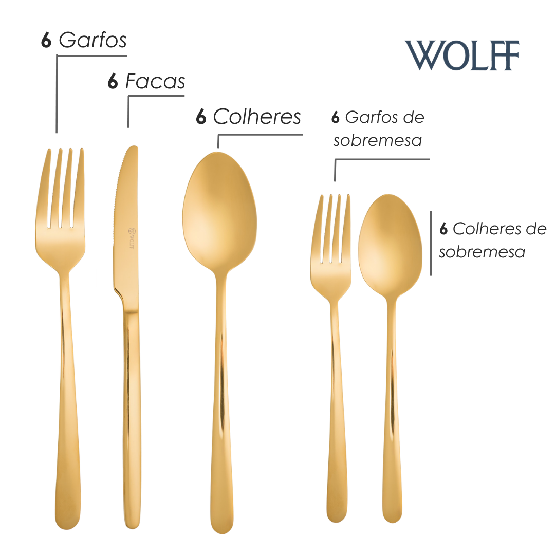Faqueiro 24 Peças de Aço Inox Positano Dourado - Lyor