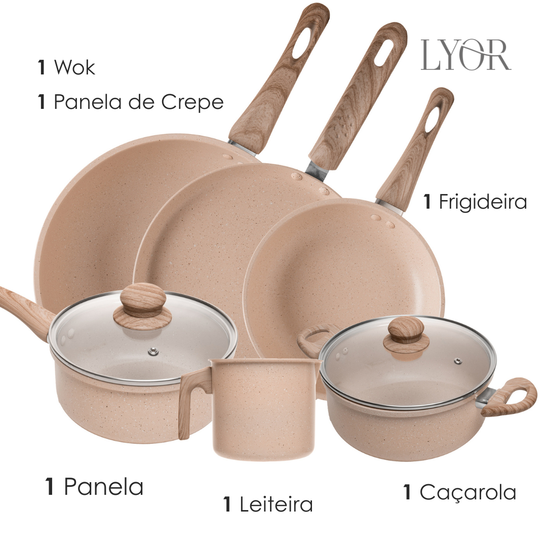Conjunto 6 Panelas de Indução Granito Chef Bege Alumínio com Revestimento Cerâmico - Lyor