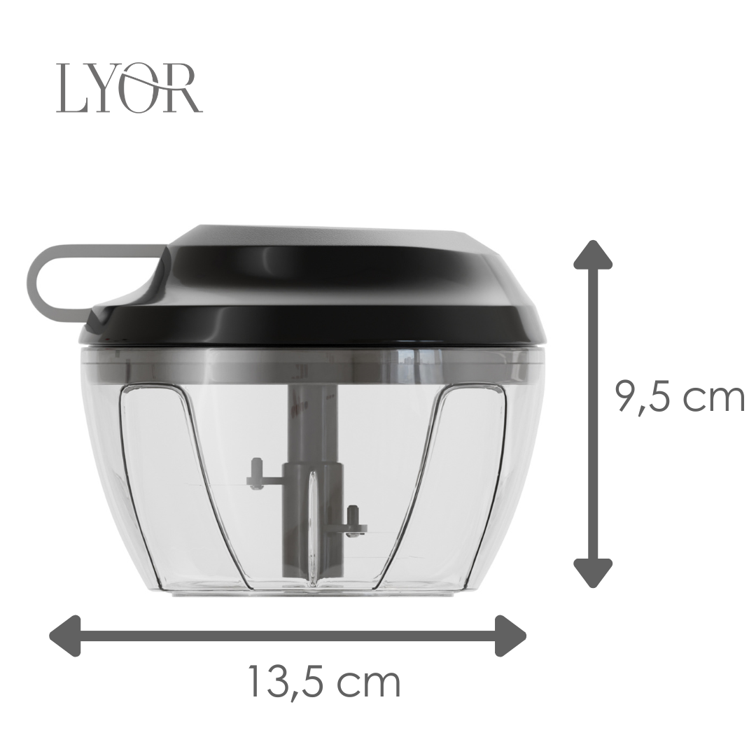 Mini Processador de Alimentos Manual de Plástico 3 Lâminas Premium Preto e Cinza 13,5cm x9,5cm Lyor
