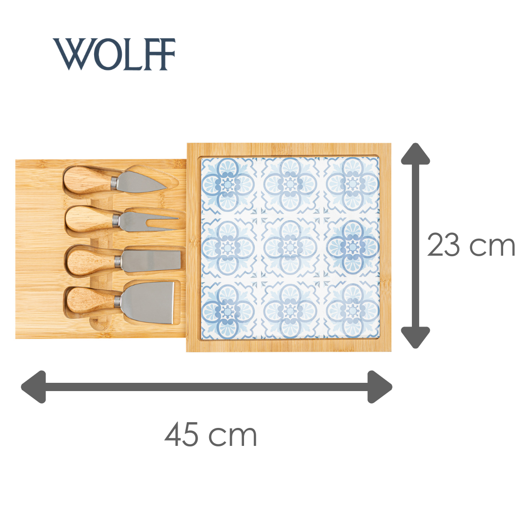Conjunto 6 Peças para Queijo Tábua com Gaveta Mosaico 23cm x 23cm x 4cm Bambu - Wolff