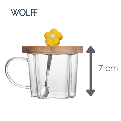 Xícara de Chá com Pires e Colher com Flor Amarela 280ml Vidro Borossilicato - Wolff