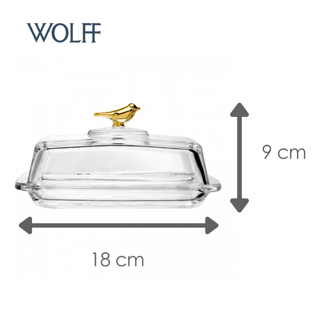 Manteigueira Retangular com Tampa Golden Bird 18cm - Cristal Ecológico | Wolff