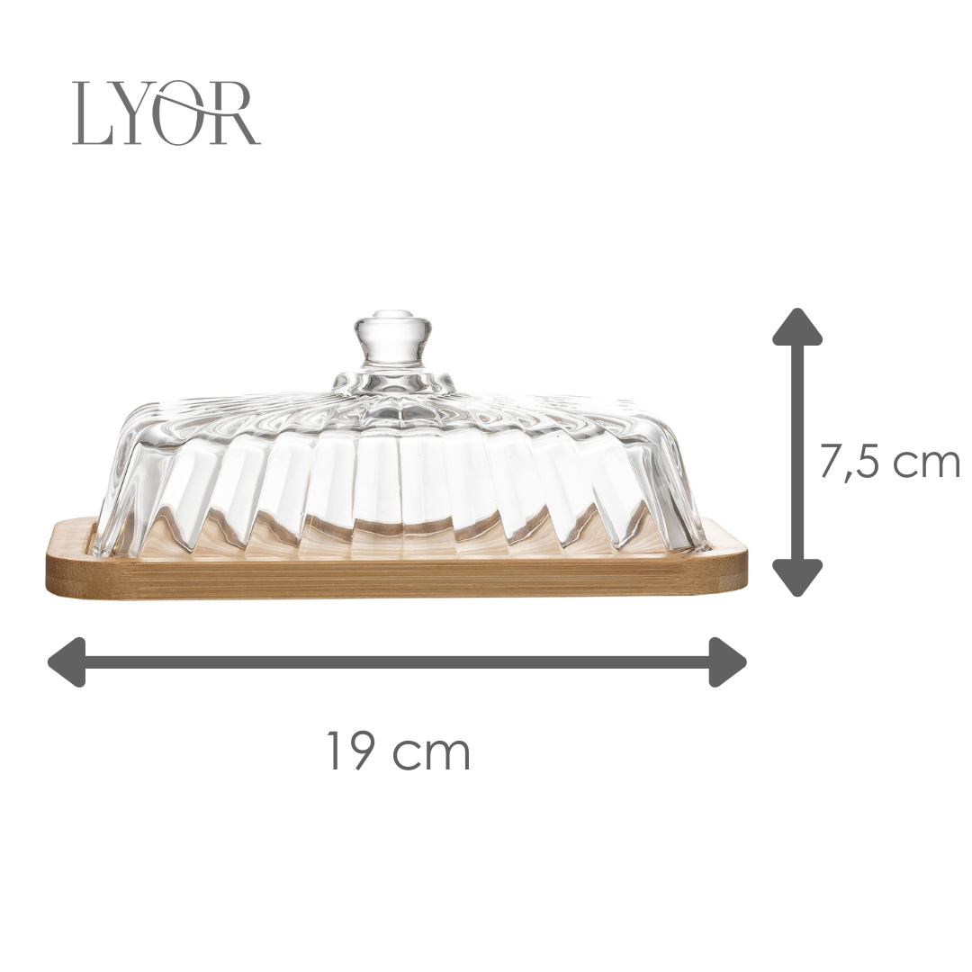 Manteigueira com Base de Bambu Striata 18cm x 10,5cm x 7,5cm Vidro - Lyor