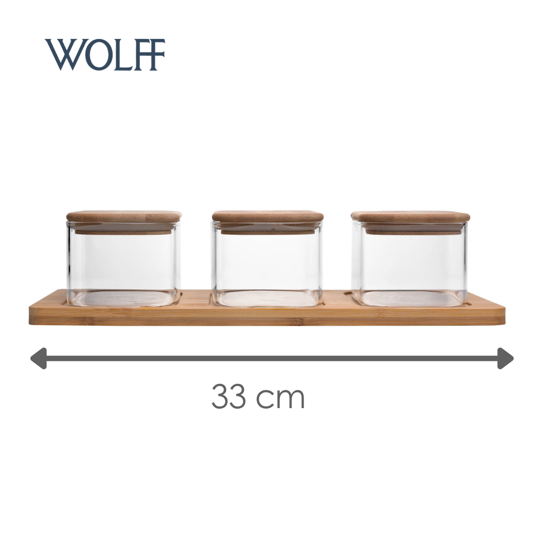 Conjunto 3 Potes com Tampa e Bandeja de Bambu Vidro Borossilicato - Wolff